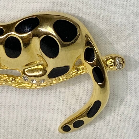 VTG 80s Panther Leopard Brooch Pin Gold Tone Black Enamel Rhinestone Cat Jewelry - Picture 5 of 6
